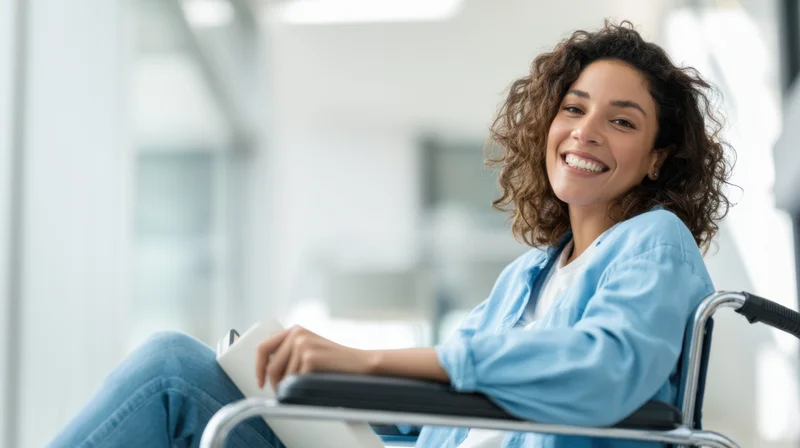 Woman smiling in wheelchair in bright modern interior