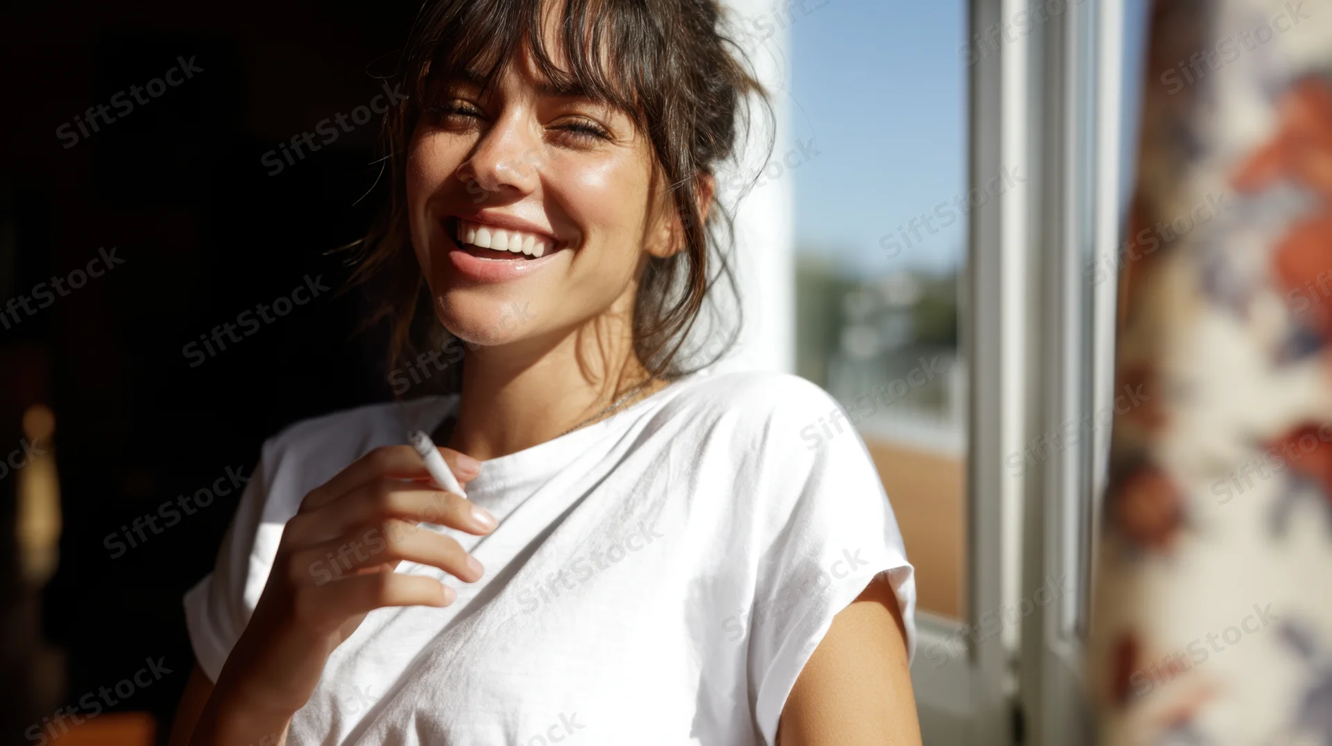 Woman smiling while holding a cigarette near a window in sunlight