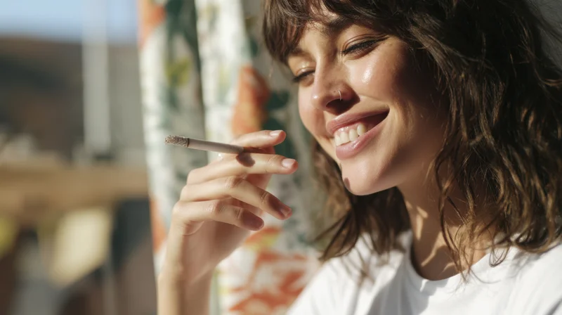 Woman smiling while holding a cigarette outdoors in sunlight