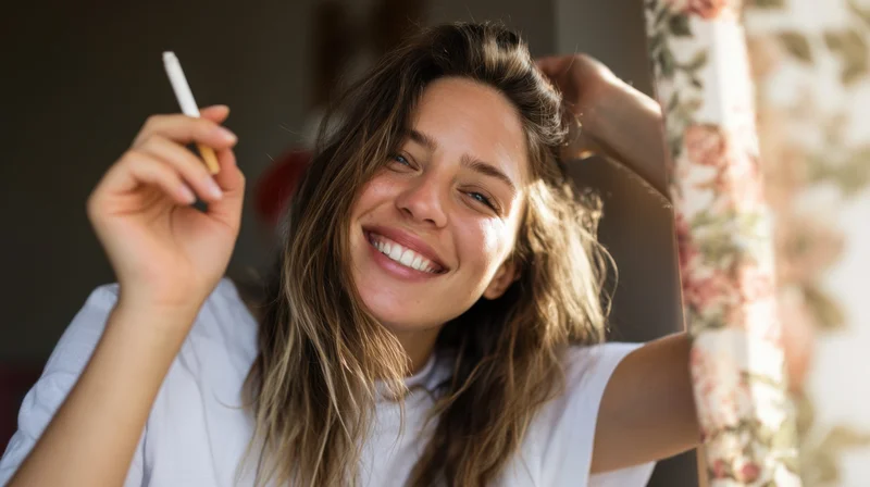 Woman smiling while holding a cigarette indoors near a floral curtain
