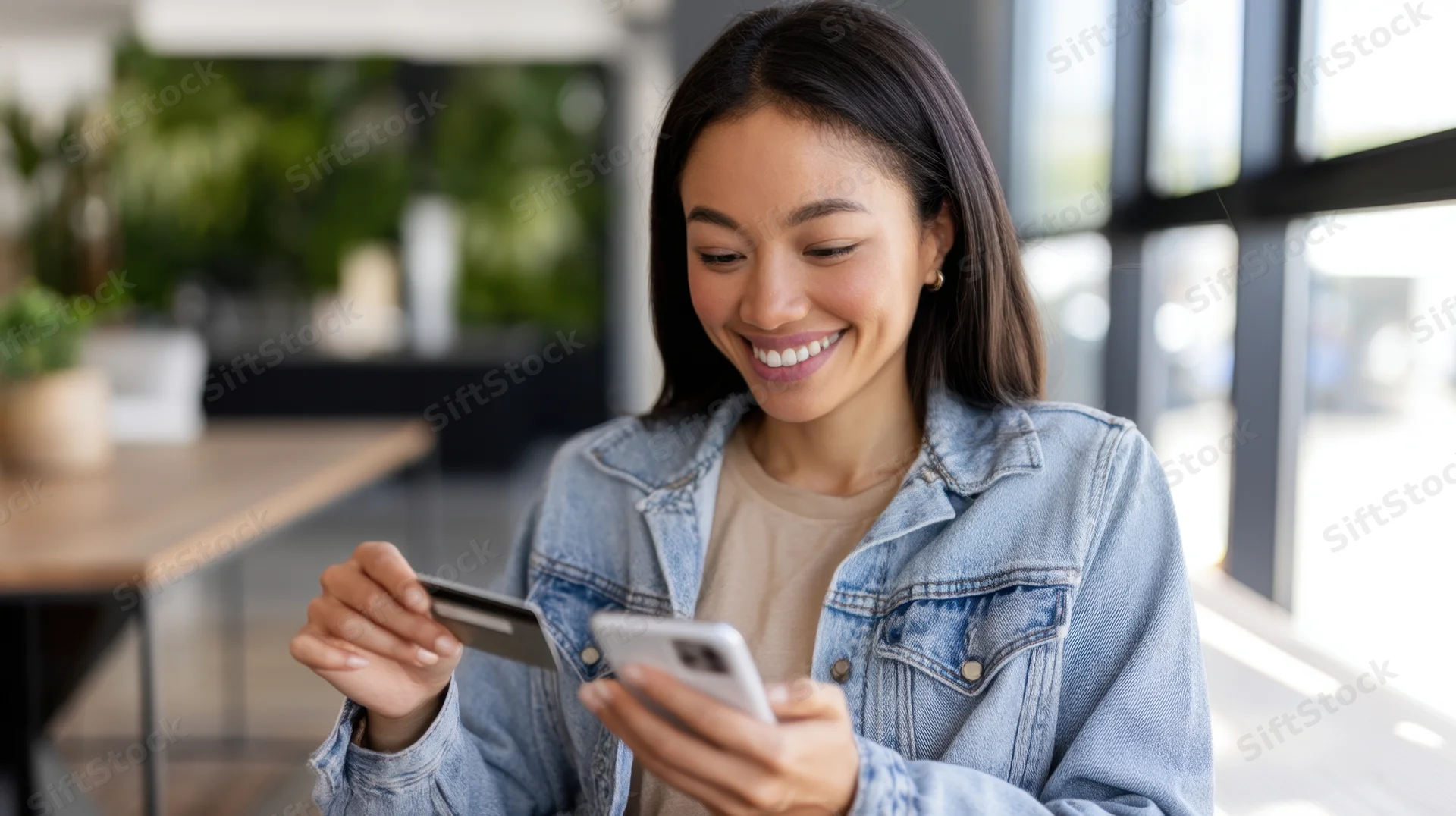 Woman smiling while holding smartphone and credit card indoors near window