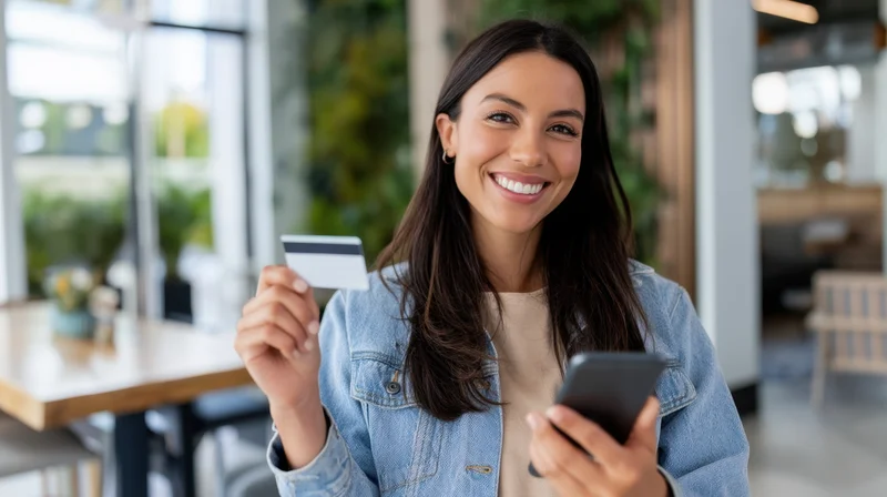 Woman smiling while holding smartphone and credit card in cafe interior