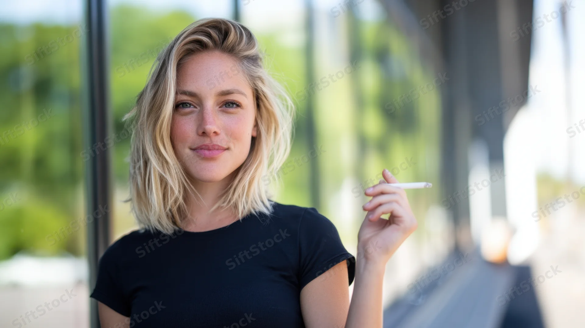 Woman holding a cigarette outdoors in a relaxed pose near glass structure