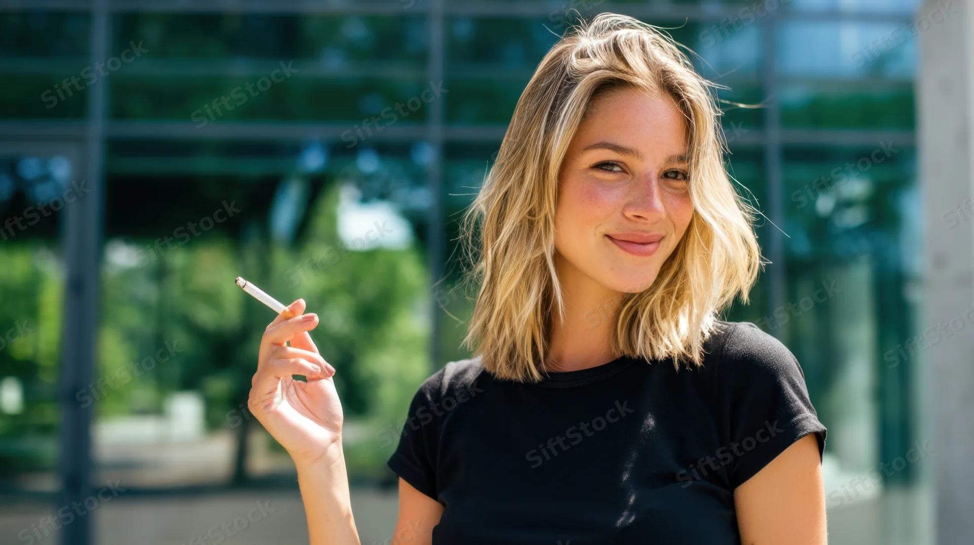 Woman smoking a cigarette outdoors in daylight near a glass building