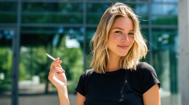 Woman smoking a cigarette outdoors in daylight near a glass building