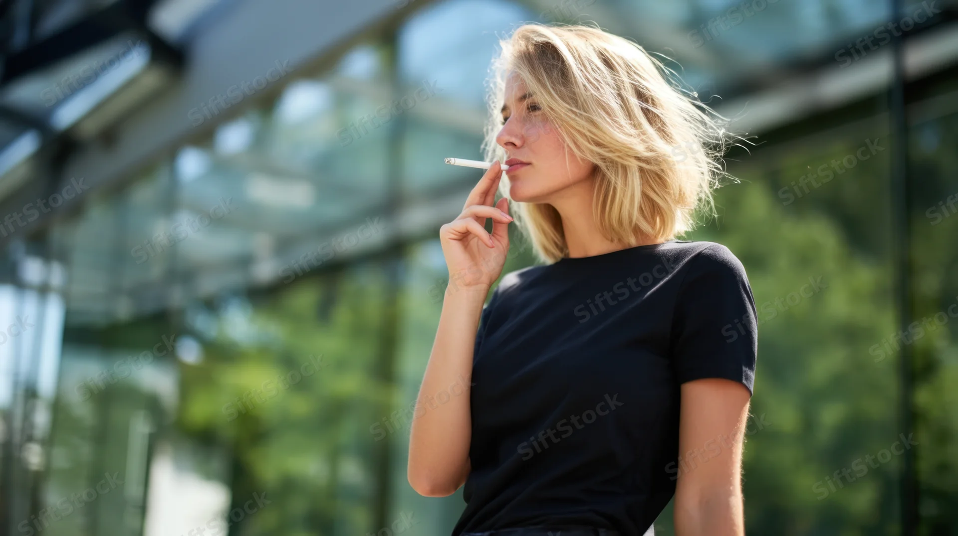 Woman smoking a cigarette outdoors near a modern glass building