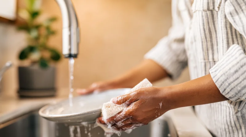 Woman washing a plate under running water in a modern kitchen sink