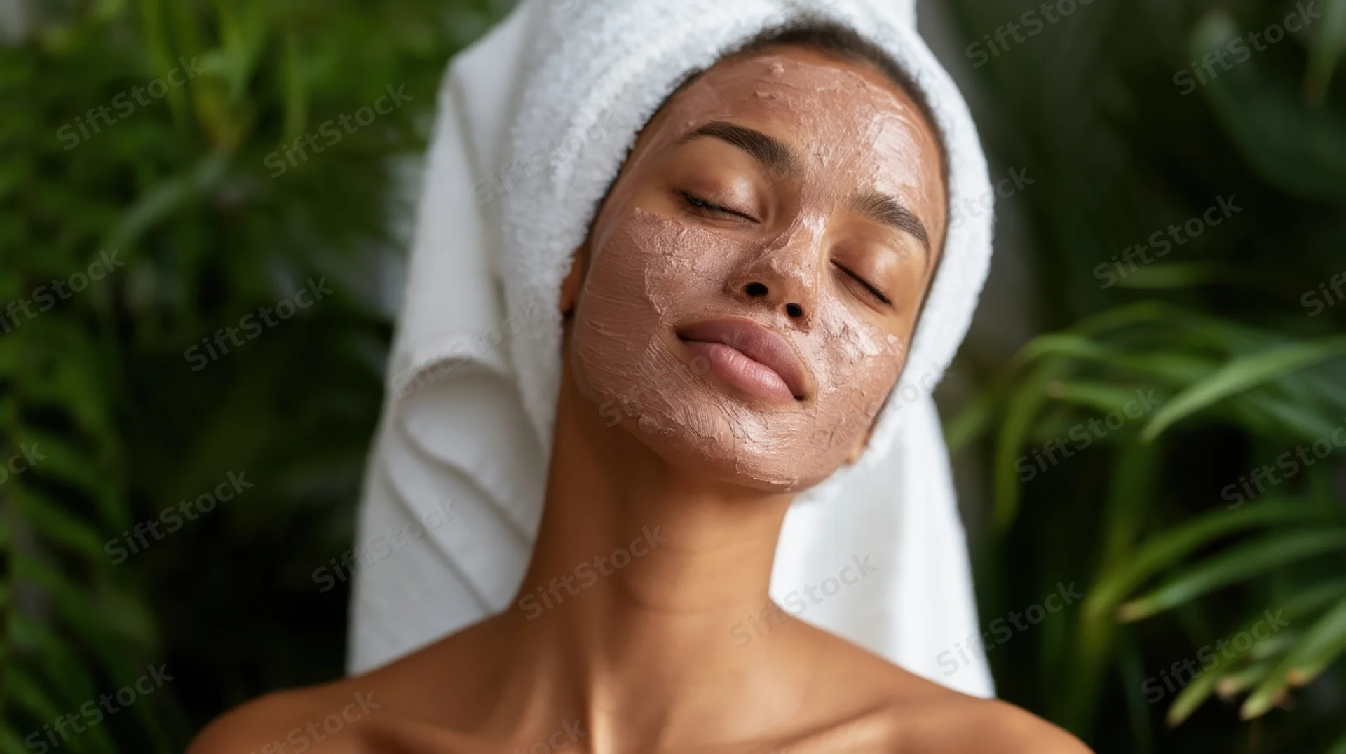 Woman with clay face mask applied, eyes closed, towel on head, surrounded by green plants