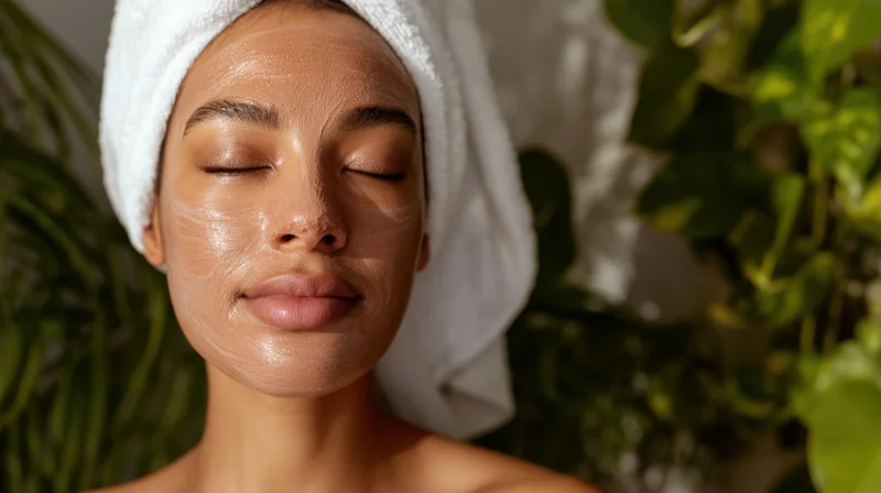 Woman with clay face mask and towel on head surrounded by green plants