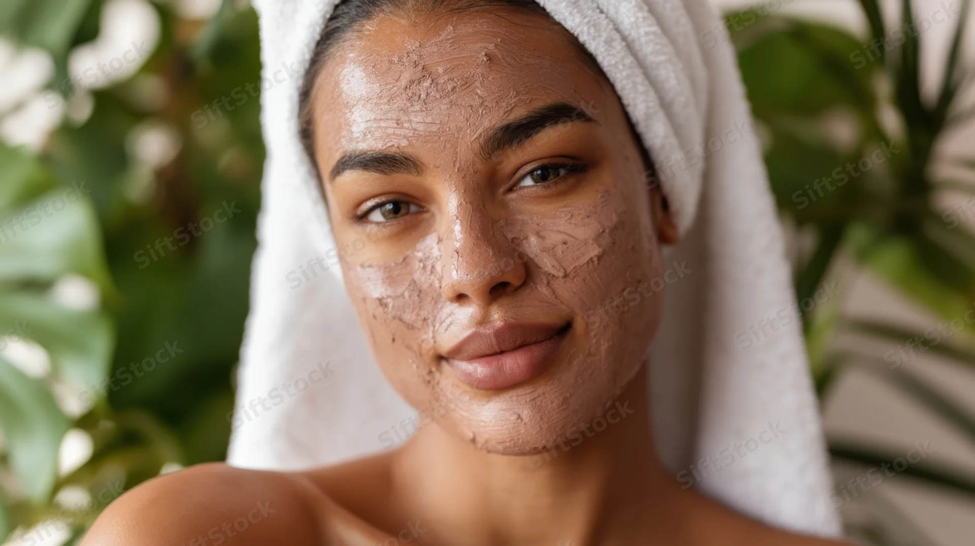 Woman with clay face mask applied, towel wrapped around head, surrounded by green plants indoors