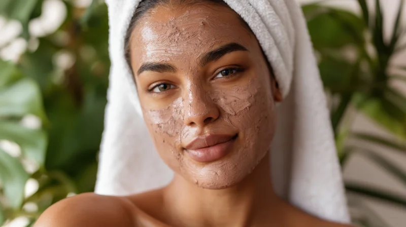 Woman with clay face mask applied, towel wrapped around head, surrounded by green plants indoors