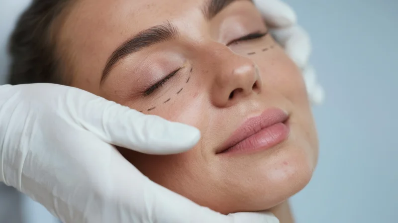 Woman undergoing cosmetic eye procedure with dotted markings and gloved hand support