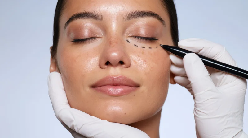 Woman undergoing cosmetic procedure with dotted line marked on face by gloved hand holding marker