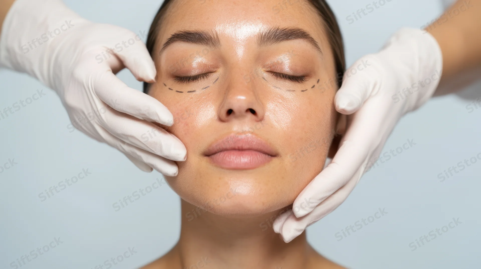 Woman undergoing cosmetic facial procedure with marked incision lines and gloved hands supporting her face