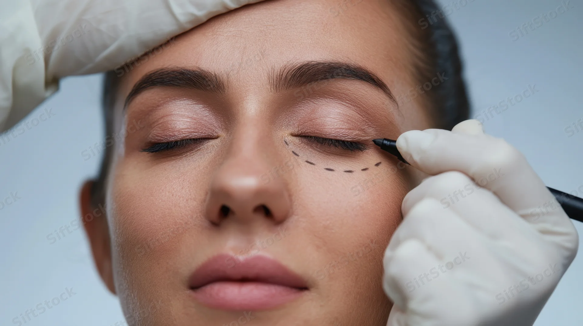 Woman undergoing cosmetic eyelid procedure with dotted marking and gloved hands in clinic