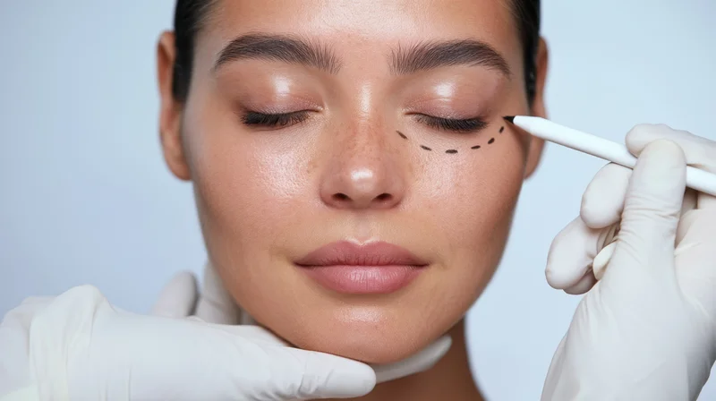 Woman undergoing cosmetic eye procedure with dotted incision line marked on eyelid by gloved hand
