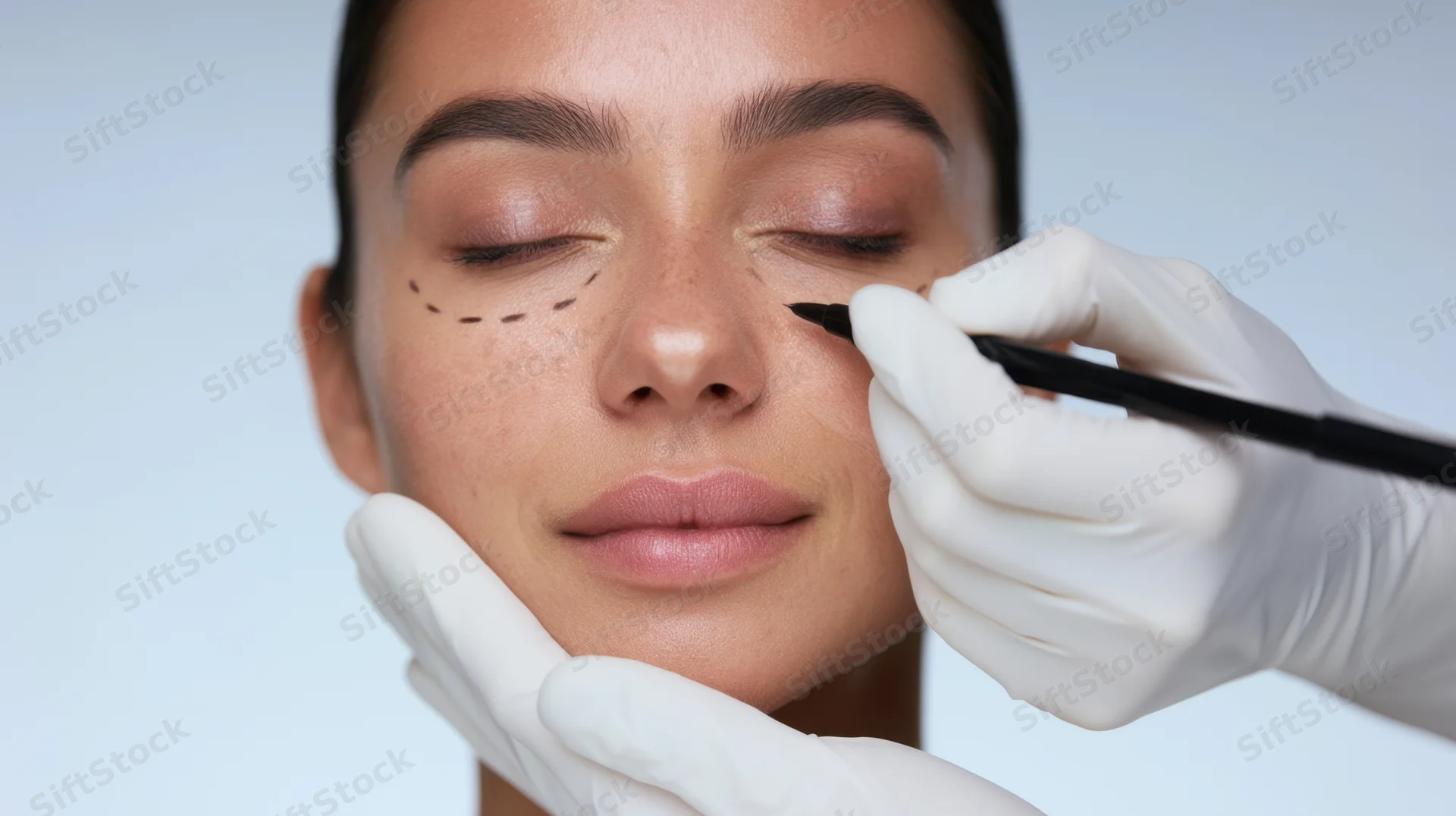 Woman undergoing cosmetic eye procedure with surgical markings and gloved hands in clinic setting