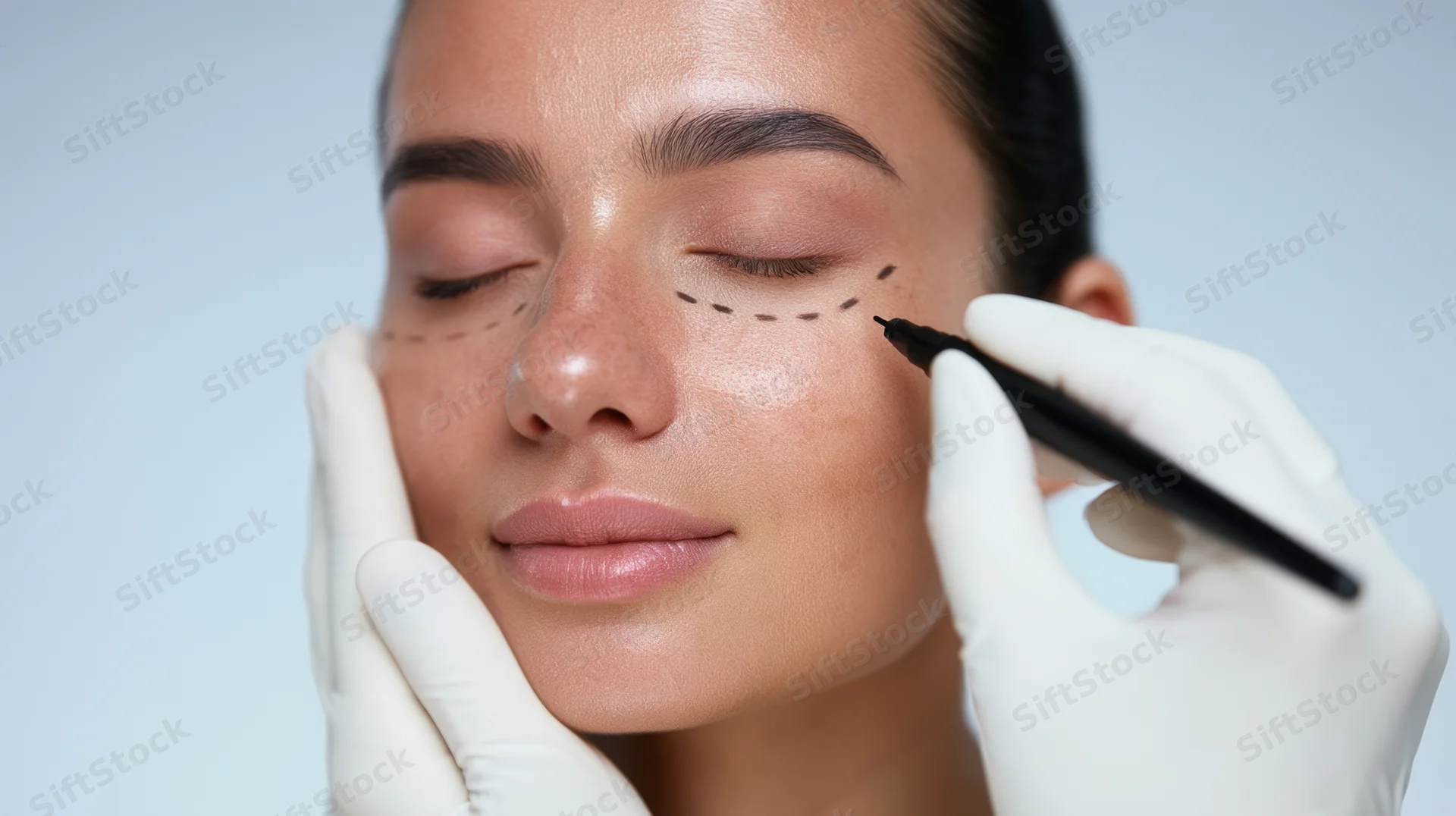 Woman undergoing facial cosmetic procedure with surgical markings and gloved hands
