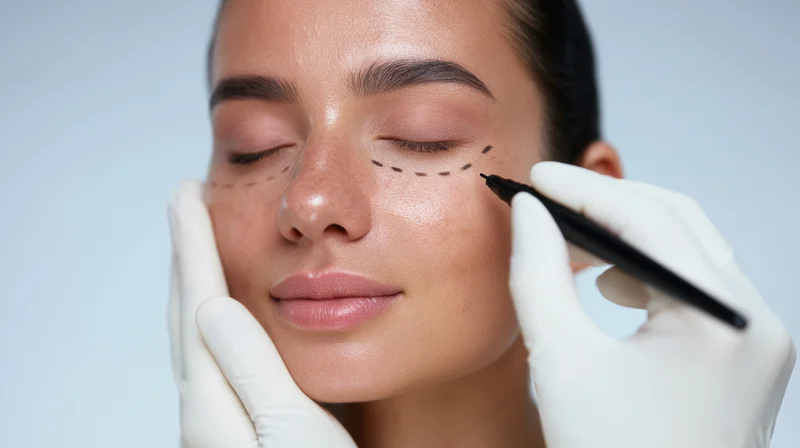 Woman undergoing facial cosmetic procedure with surgical markings and gloved hands