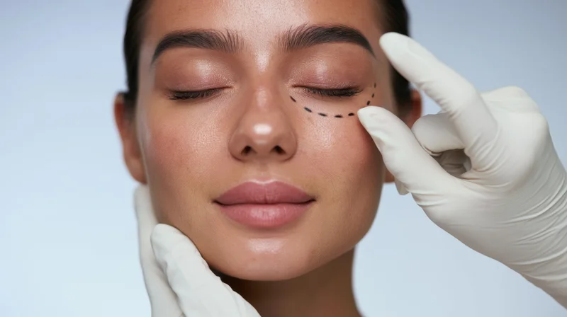 Woman undergoing cosmetic eye procedure with gloved hand marking eyelid for surgery in clinic setting