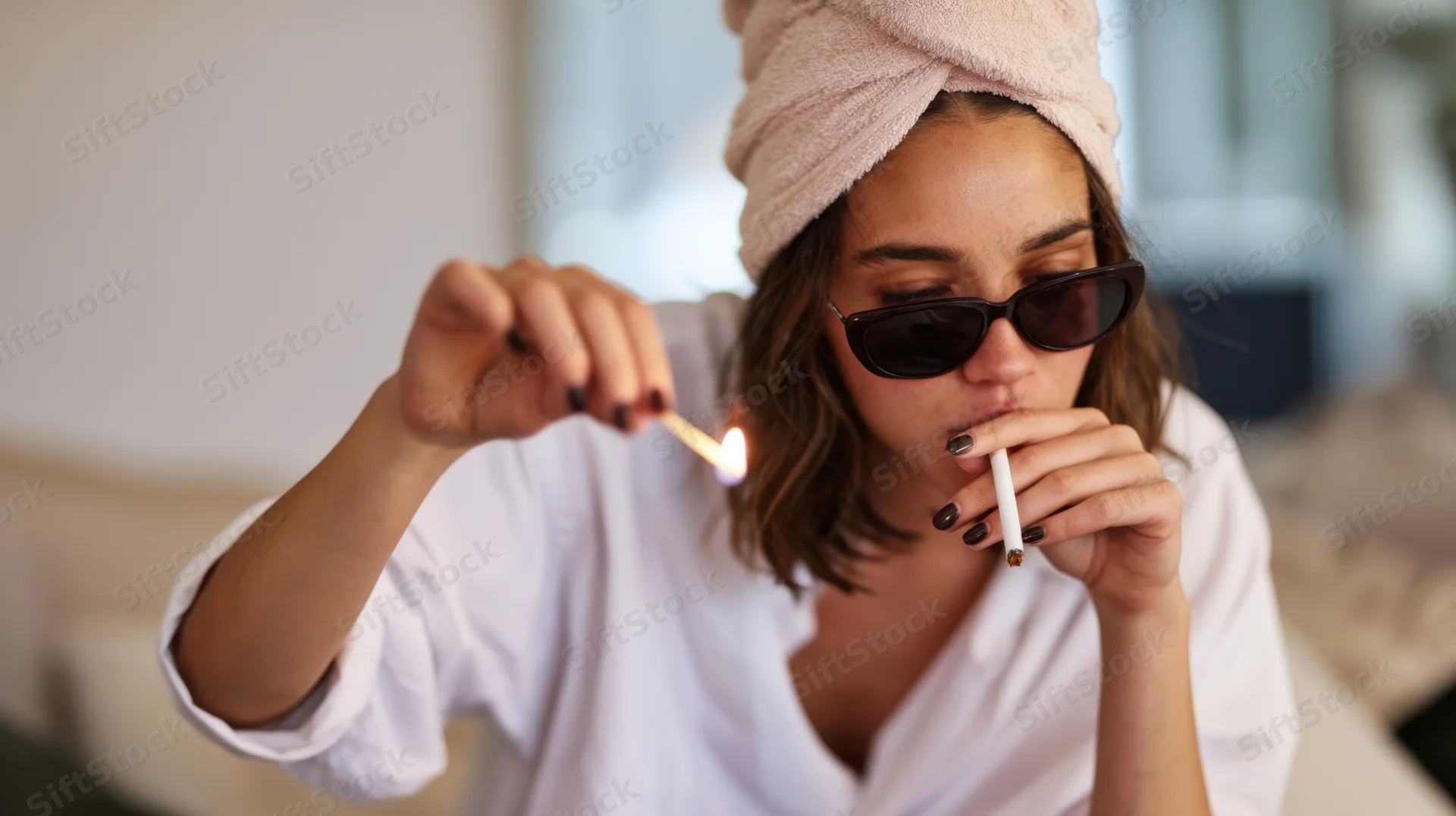 Woman with towel on head lighting cigarette while wearing sunglasses indoors