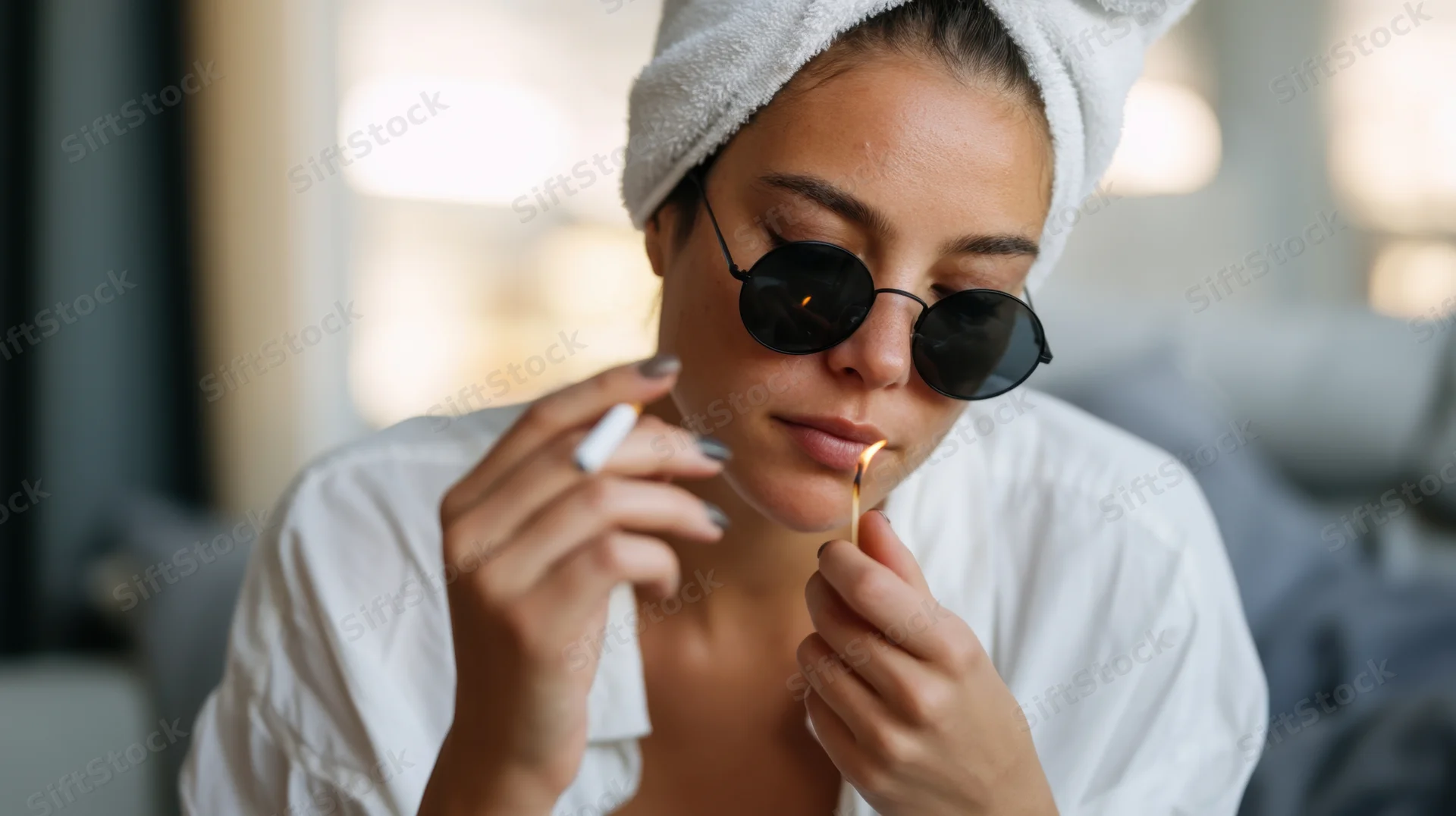 Woman with towel on head wearing sunglasses holding cigarette indoors