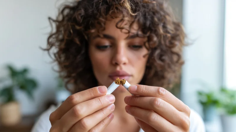 Woman breaking a cigarette in her hands indoors