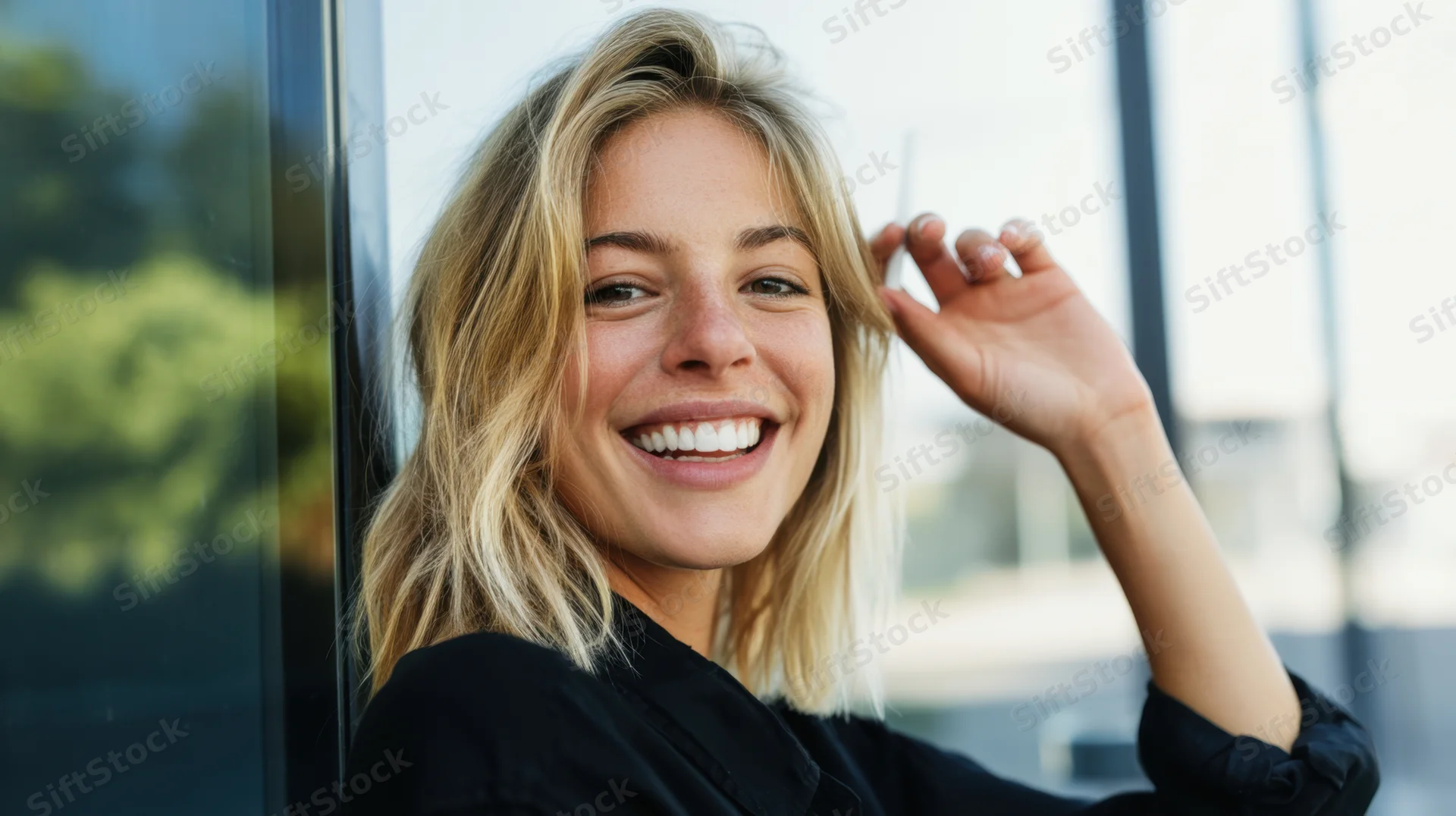 Woman with shoulder-length blonde hair smiling warmly outdoors near glass building
