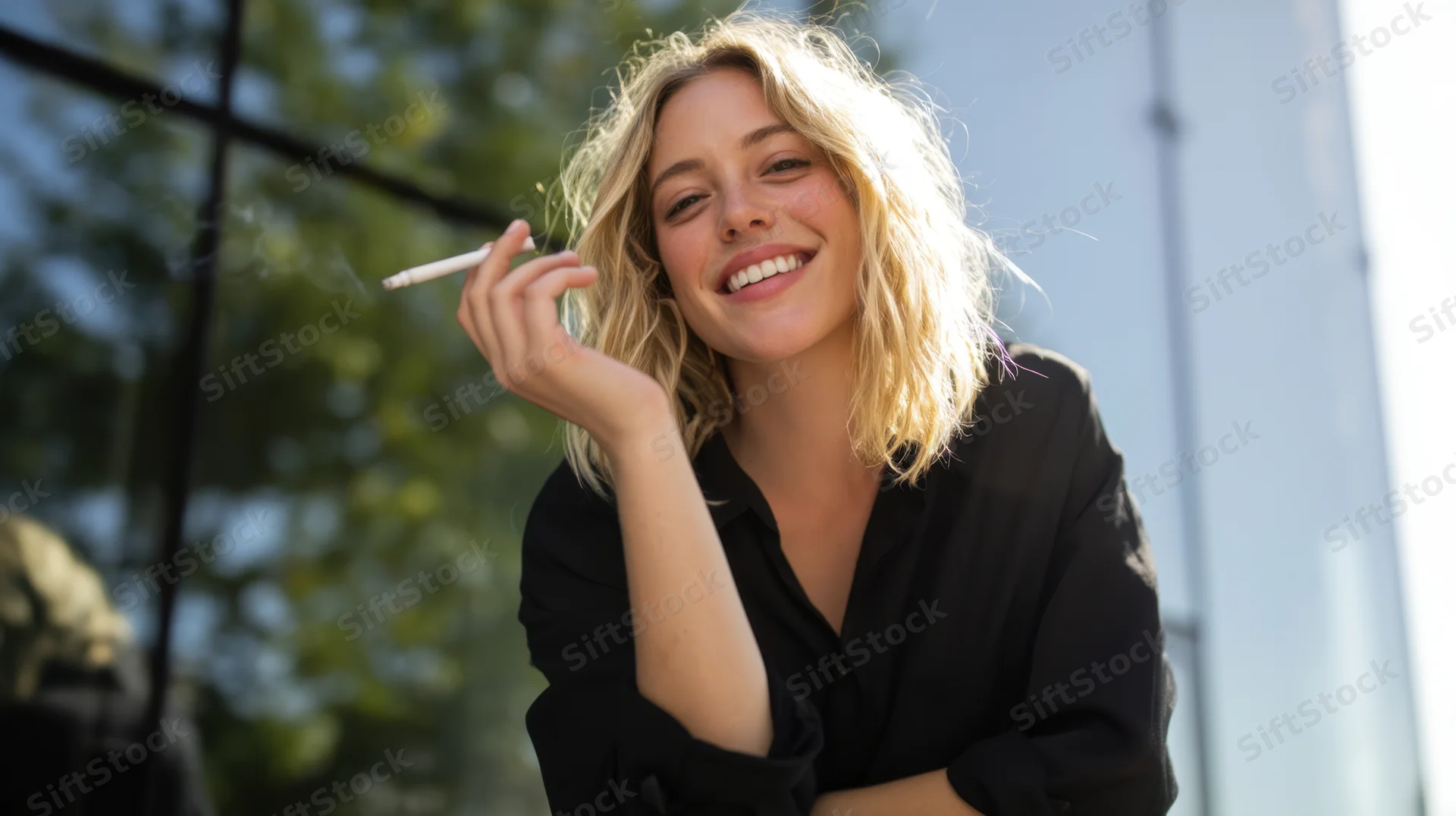 Woman with shoulder-length blonde hair smiling while smoking a cigarette outdoors in sunlight