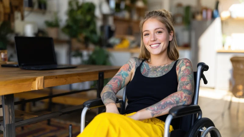 Woman with vibrant tattoos smiling in modern wheelchair at wooden table in cafe interior