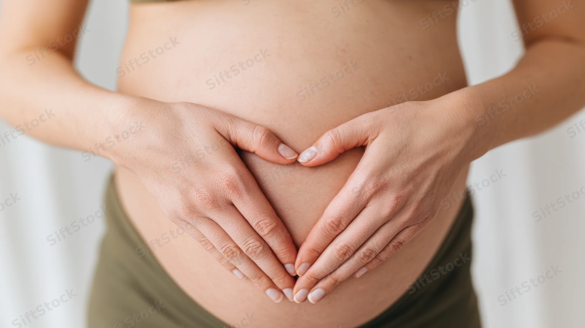Pregnant woman’s midsection with hands forming heart shape over belly