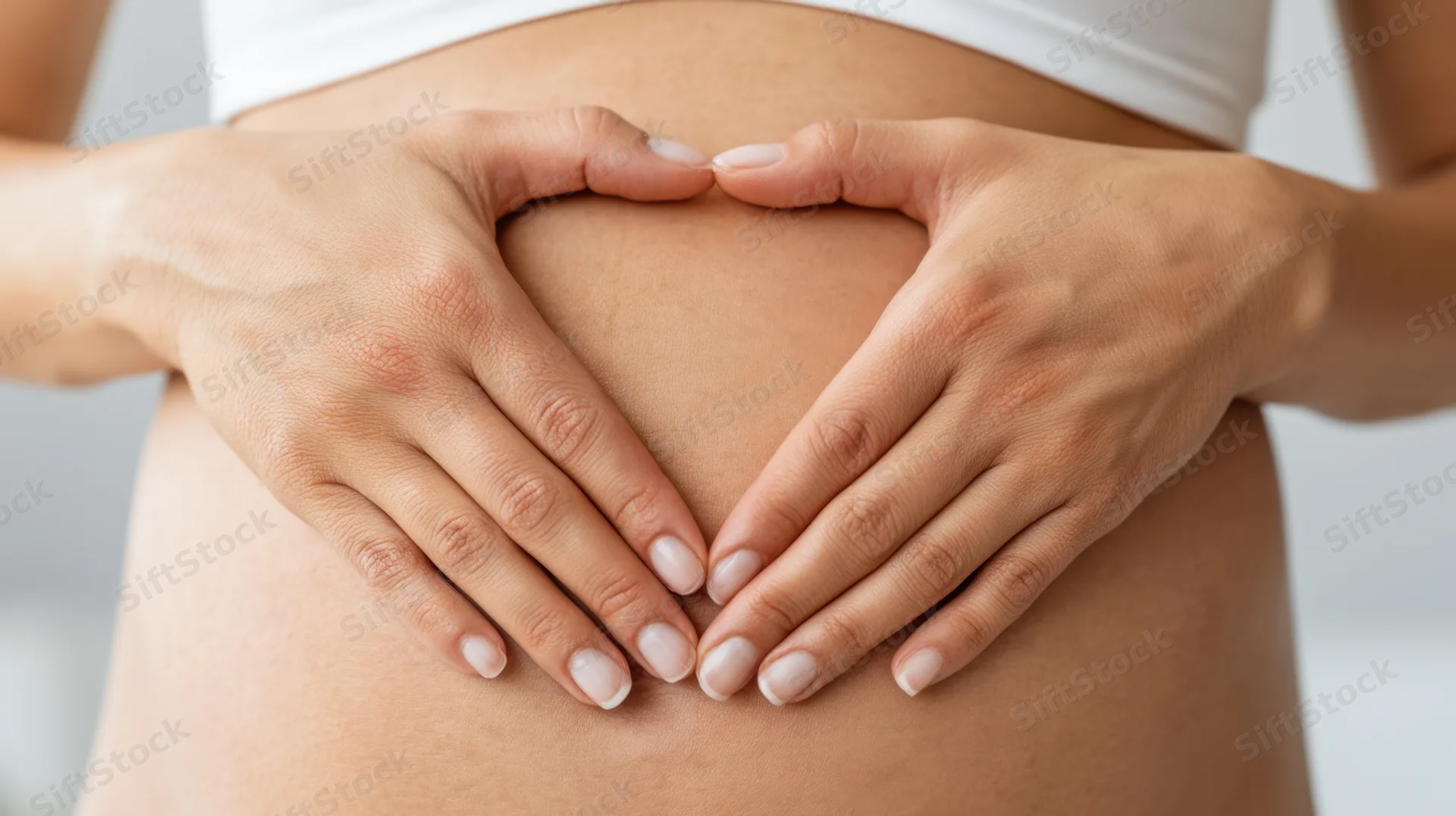 Woman forming heart shape with hands over her stomach