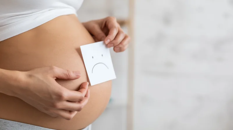 Pregnant woman holding paper with sad face on her belly