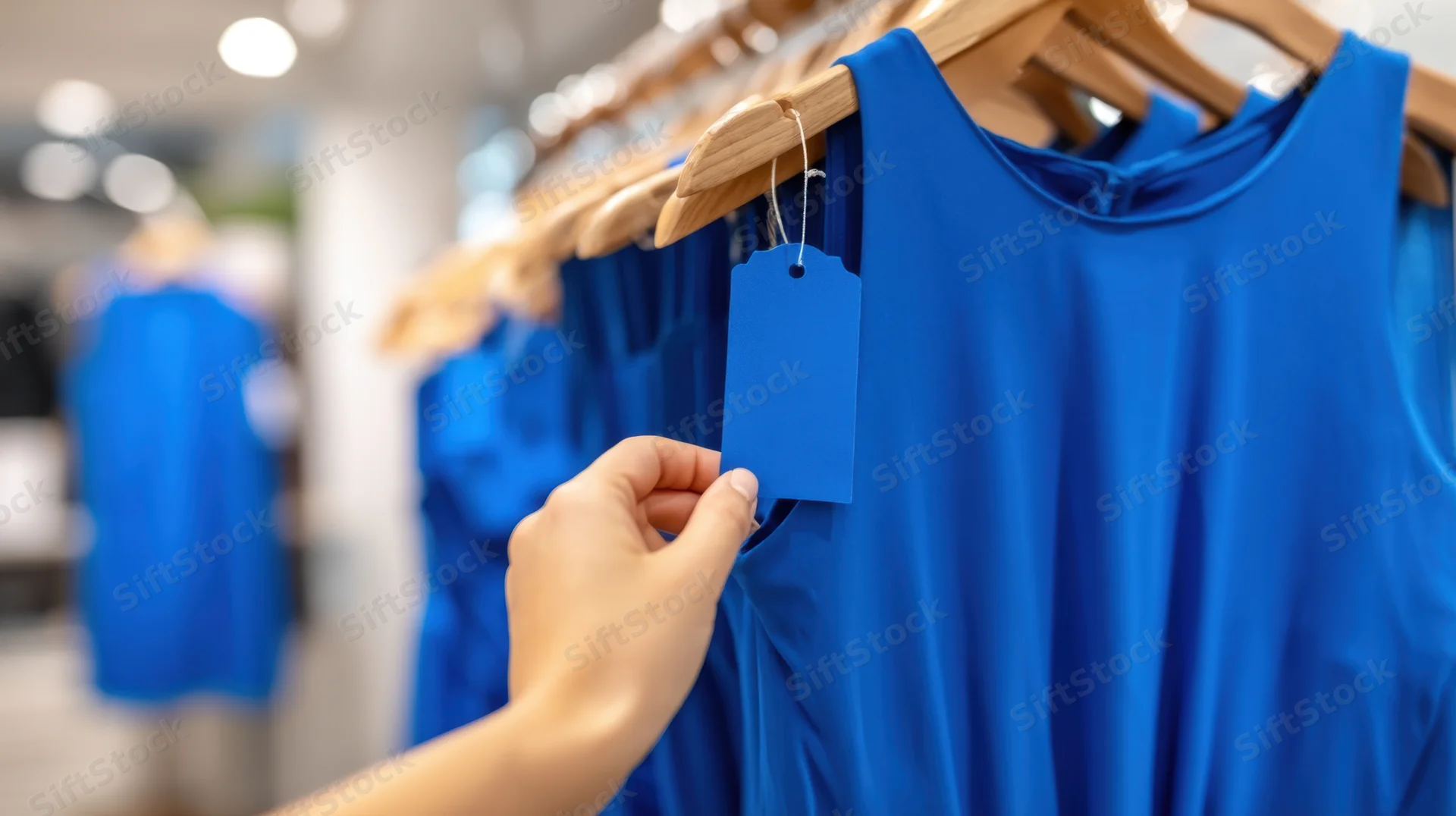 Woman’s hand holding a blue dress tag on a wooden hanger in a clothing store display