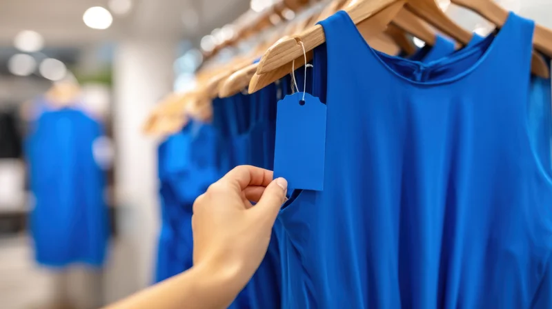 Woman’s hand holding a blue dress tag on a wooden hanger in a clothing store display
