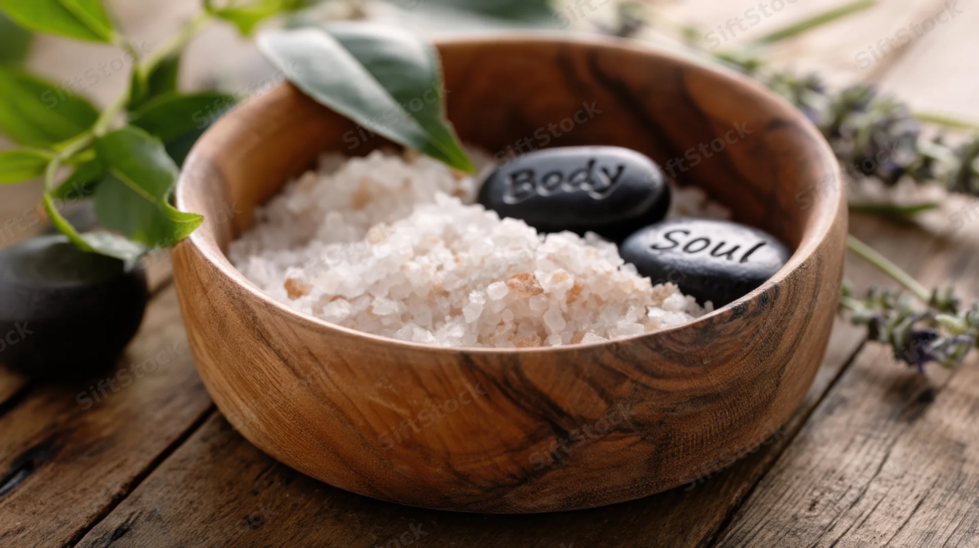 Wooden bowl filled with coarse salt and engraved stones reading body and soul, surrounded by lavender and green leaves on a rustic wooden table