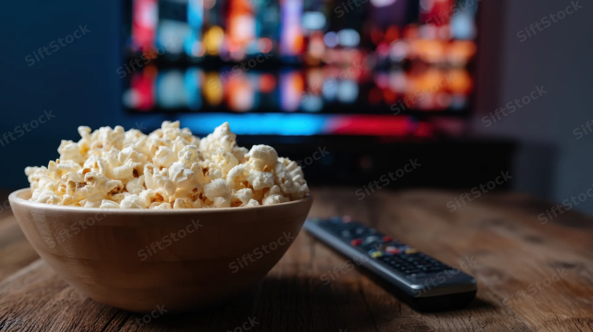 Wooden bowl overflowing with popcorn on a table beside a remote with a blurred television screen in the background