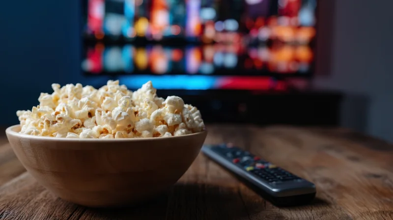 Wooden bowl overflowing with popcorn on a table beside a remote with a blurred television screen in the background