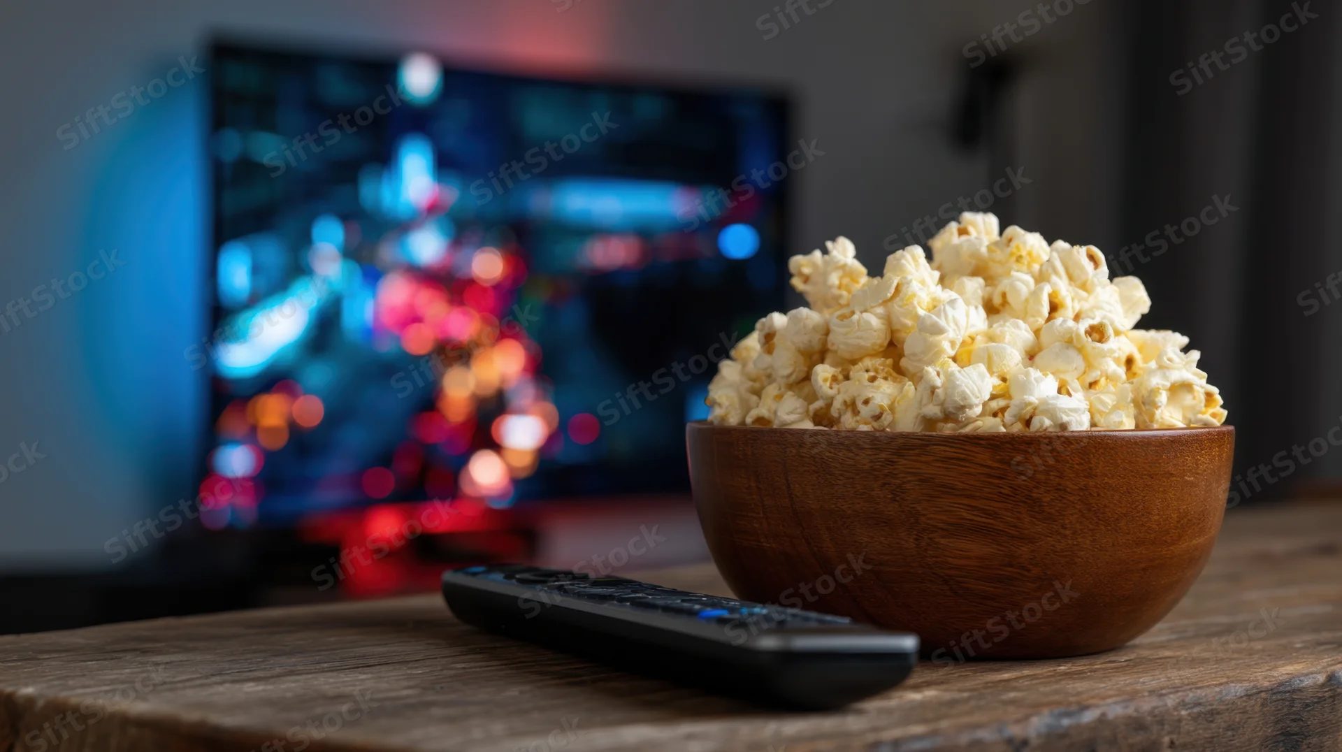 Wooden bowl overflowing with popcorn on a table beside a remote control with a blurred television screen showing colorful city lights in the background