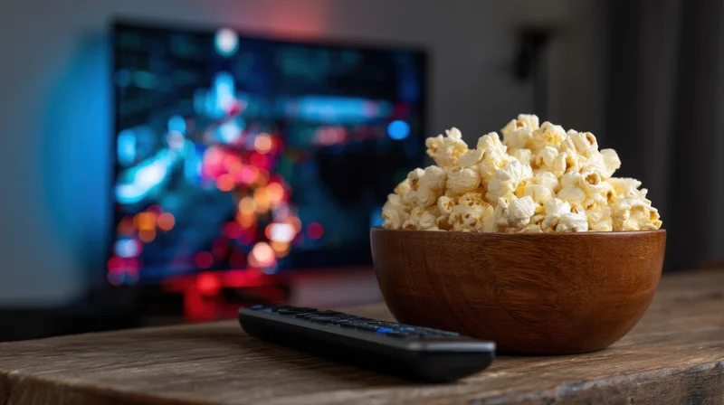 Wooden bowl overflowing with popcorn on a table beside a remote control with a blurred television screen showing colorful city lights in the background