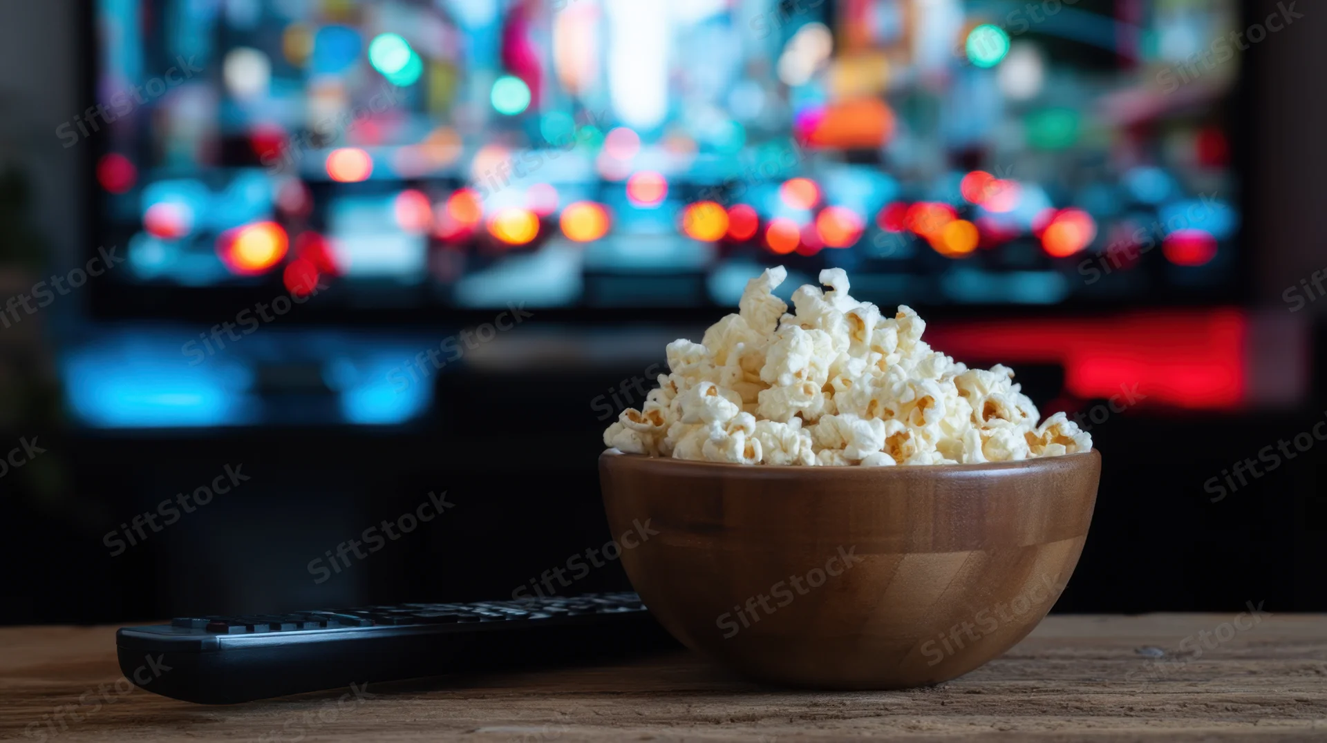Wooden bowl overflowing with popcorn on a table in front of a blurred television screen showing colorful lights at night, with a remote control beside it