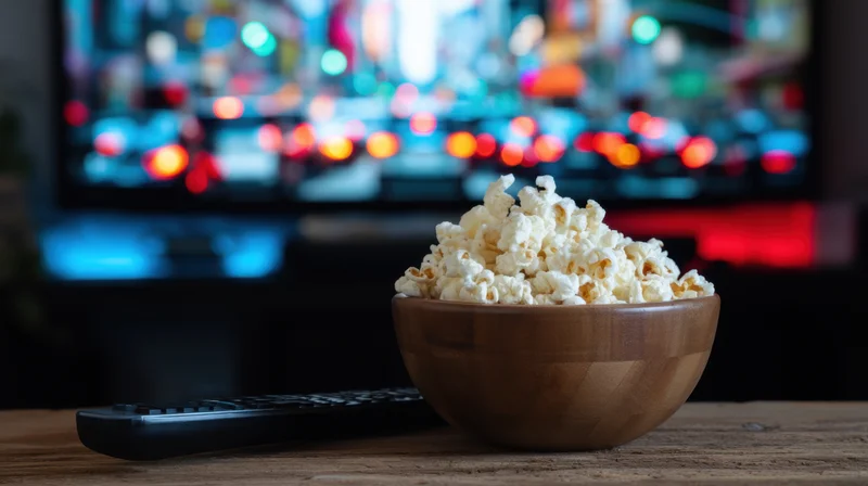 Wooden bowl overflowing with popcorn on a table in front of a blurred television screen showing colorful lights at night, with a remote control beside it