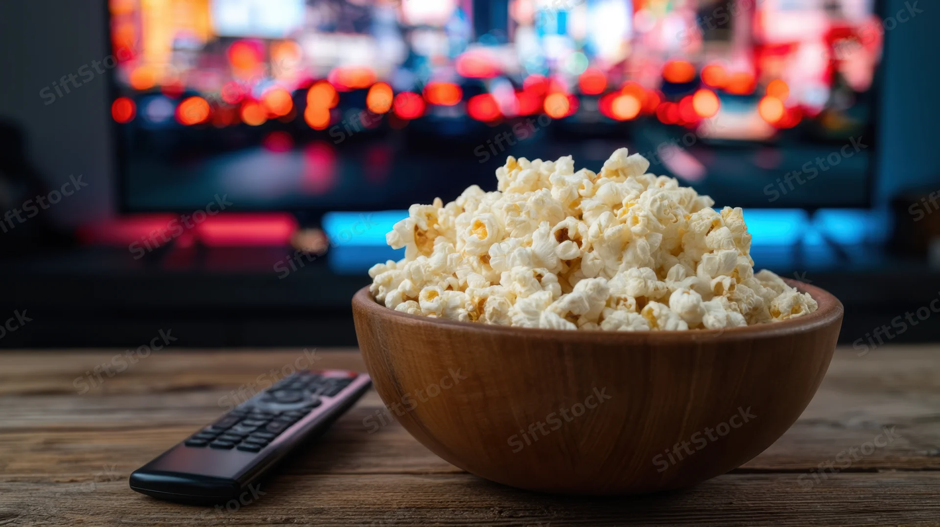 Wooden bowl overflowing with popcorn on a table beside a remote with a blurred television screen in the background