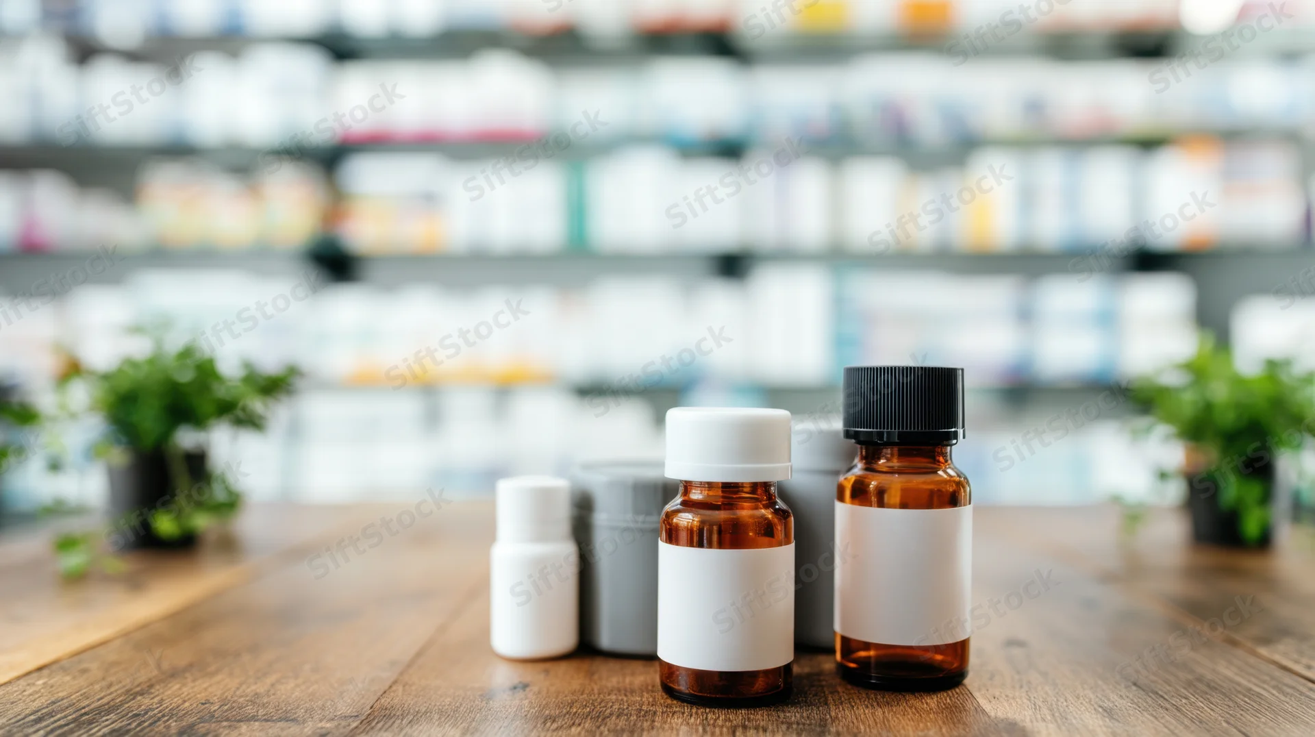Amber glass bottles with blank labels arranged on a wooden table in a pharmacy setting