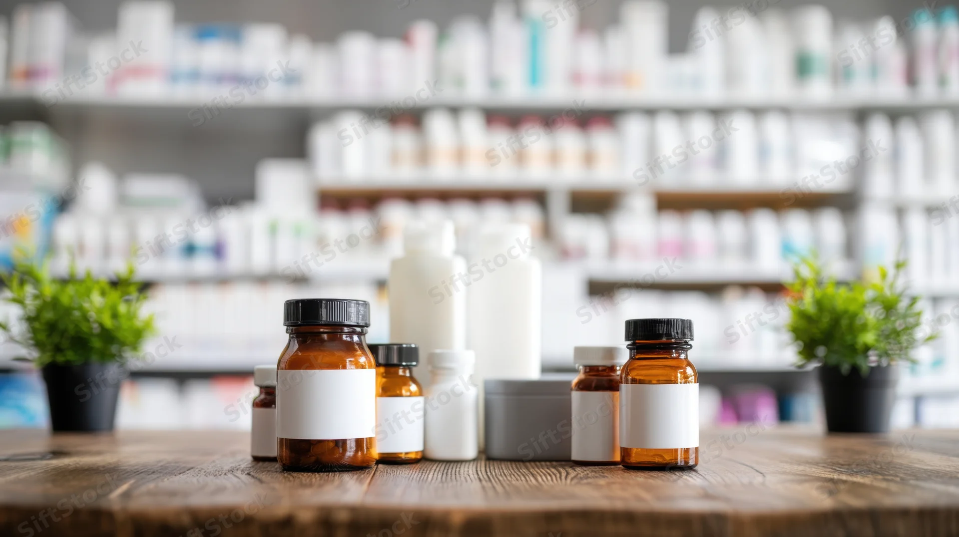 Arrangement of supplement bottles and jars on wooden table in pharmacy setting