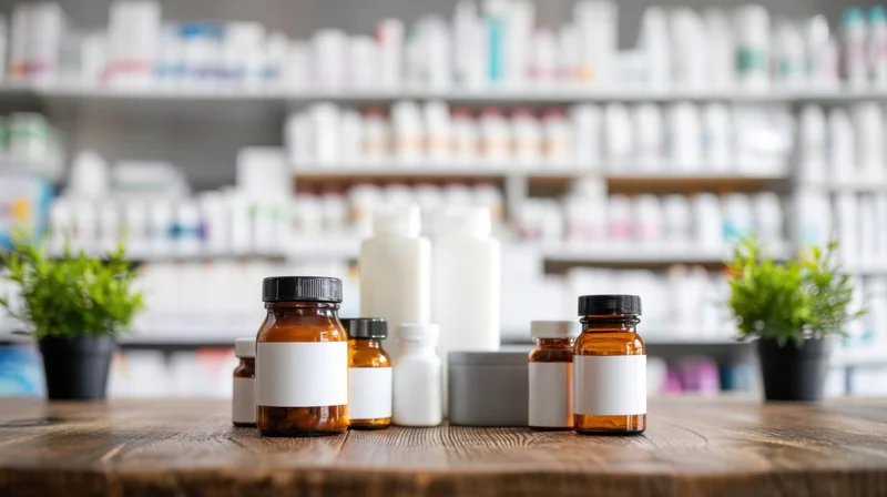 Arrangement of supplement bottles and jars on wooden table in pharmacy setting
