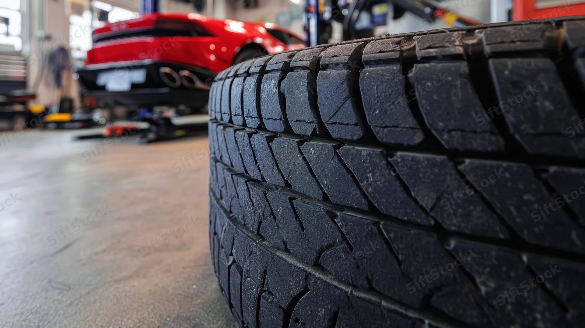 Stack of black tires in focus with red car on lift in background workshop