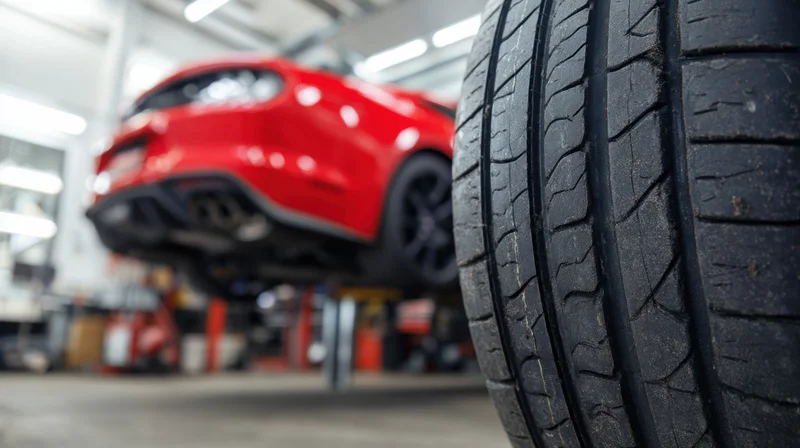 Closeup of a black tire with visible tread in a workshop with a red car elevated on a lift in the background