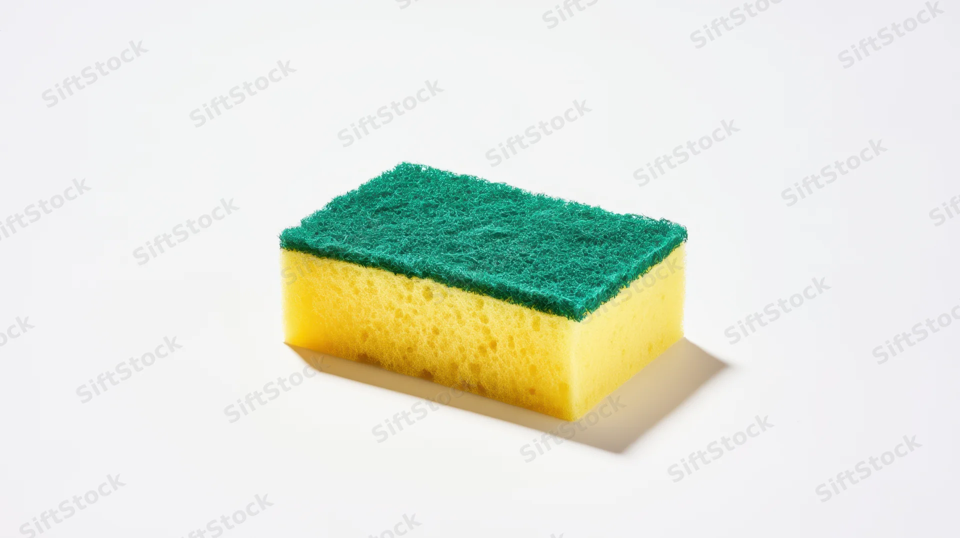 Yellow and green kitchen sponge with textured scrubbing top on white background