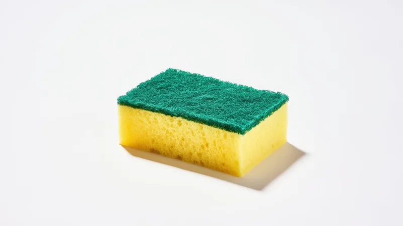 Yellow and green kitchen sponge with textured scrubbing top on white background